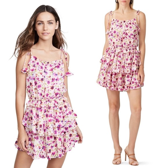 MISA LOS ANGELES Floral Sleeveless Tie Strap Smocked Ruffle Tier Mini Dress‎ L - Picture 1 of 10